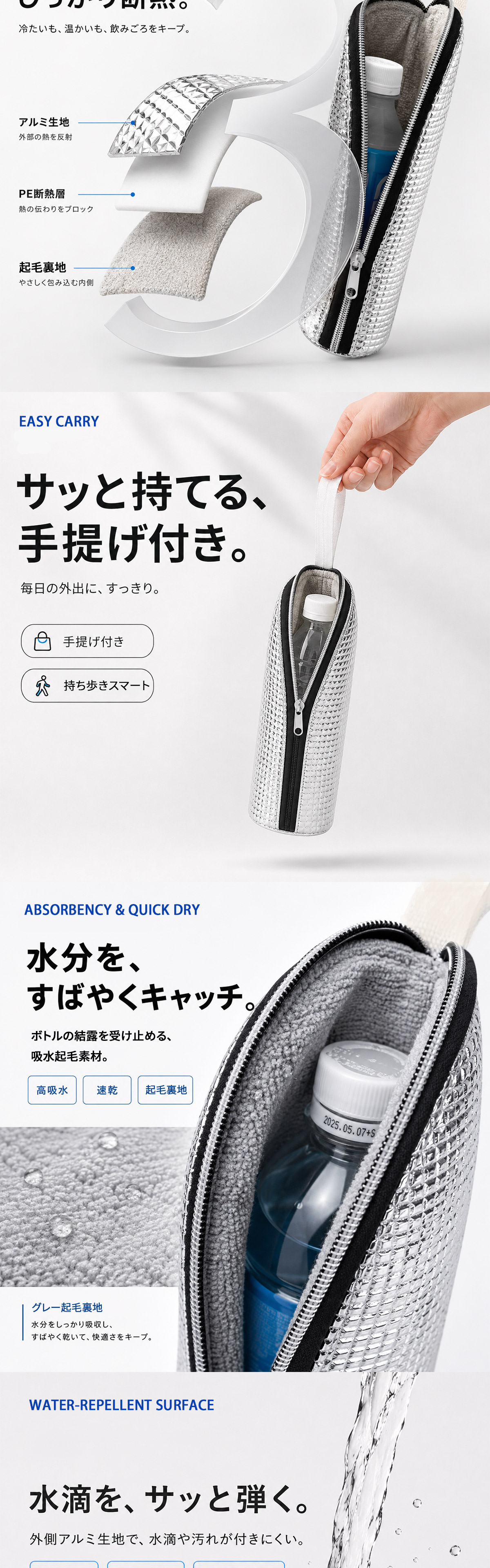 アルミ素材とマイクロファイバーを使用したボトルカバーの構造