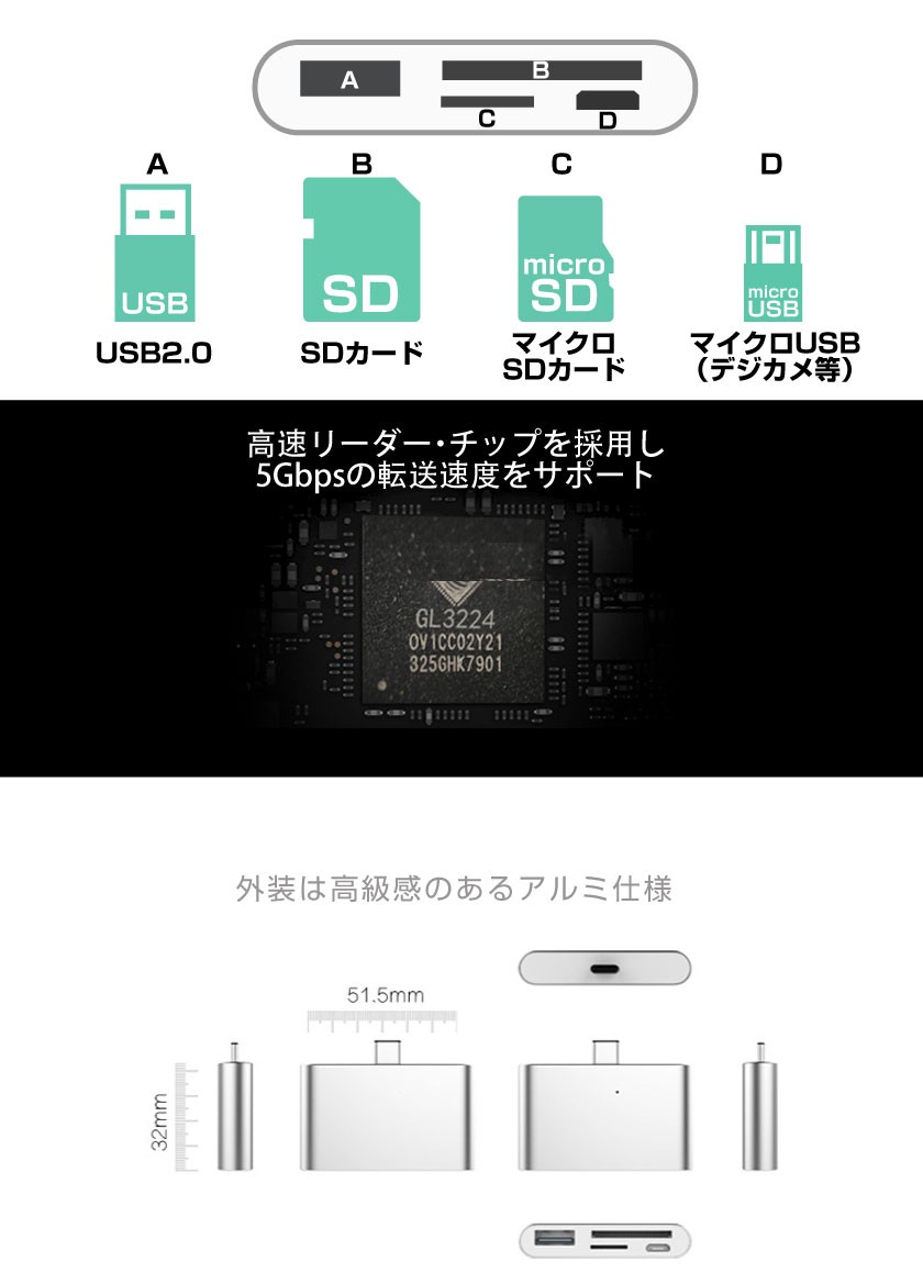 USB TYPE-C カードリーダー ライター スマホ専用 USB2.0 SDカード sdカード usb マイクロusb microusb USBポート  type c タイプシー :80000629:万通オンライン 通販 