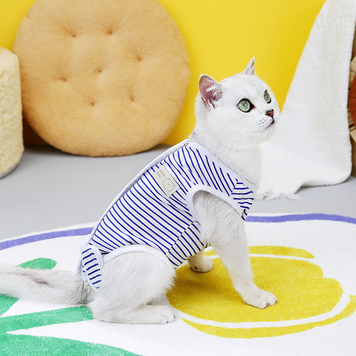 術後服 猫 ボーダー柄 ペット介護服 メス猫避妊服 ストライプ 術後ウェア 不妊手術 傷口保護 皮膚保護 引っ掻き防止 舐め防止 避妊手術 離乳 傷舐め 安い 人気 関連画像3
