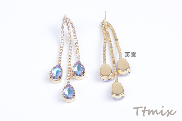 GLASSE 18Kピアス デザインピアス ガラスラインストーン付き チェーンタッセル しずく型