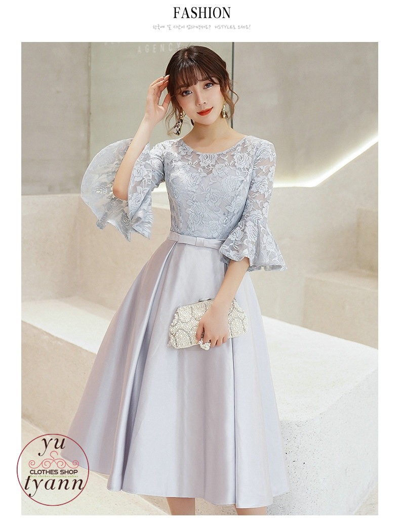 パーティードレス レディース 結婚式 大きいサイズ ワンピース ミモレドレス 袖あり ネイビー 安い 上品 お呼ばれ 二次会 大人 20代 30代  40代 50代