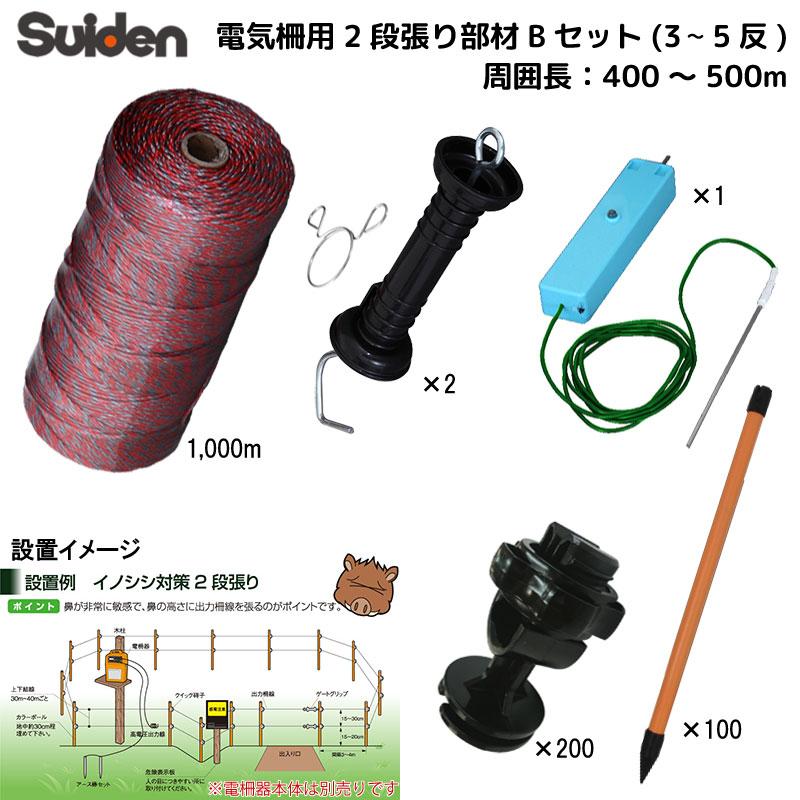 スイデン 電気柵 オプションセット 400m〜500m 2段張り部材 Bセット 1034160 ポール 900mm 100本 柵線(電線) 1000m 猪などの害獣対策に 代引不可 suiden