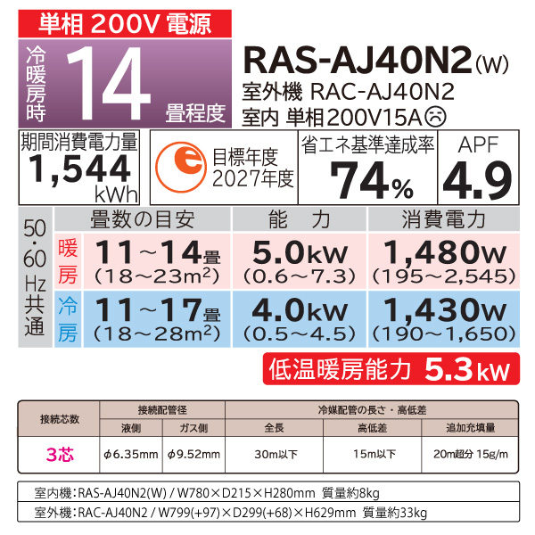 日立 HITACHI ルームエアコン RAS-AJ40N2(W) 白くまくん AJシリーズ 主に 14畳用 4.0kw スターホワイト 単相200V  取り付け工事費別です RASAJ40N2W