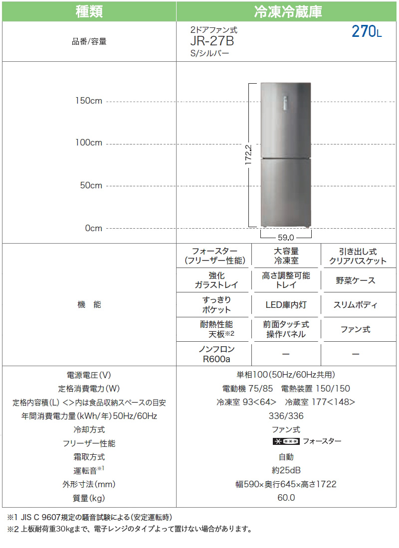 ハイアール 270L 2ドアファン式冷蔵庫 JR-27B(S) シルバー 冷凍冷蔵庫 右開き 大容量冷凍室 クリアバスケット 標準大型配送設置費込み  関西限定 ツーマン配送 : 4571526730178 : ユアサeネットショップ Yahoo!店 - 通販 - Yahoo!ショッピング