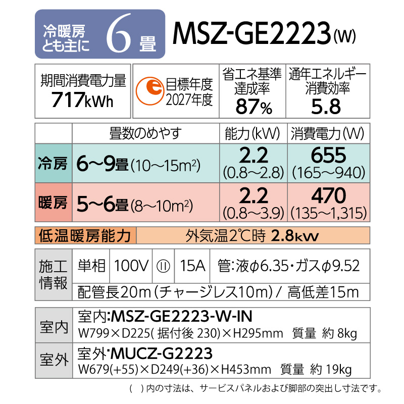 三菱電機 ルームエアコン 主に 6畳用 霧ヶ峰 MSZ-GE2223-W 2.2kw GEシリーズ 取り付け標準工事費込み 単相100V  MSZGE2223W ピュアホワイト MITSUBISHI