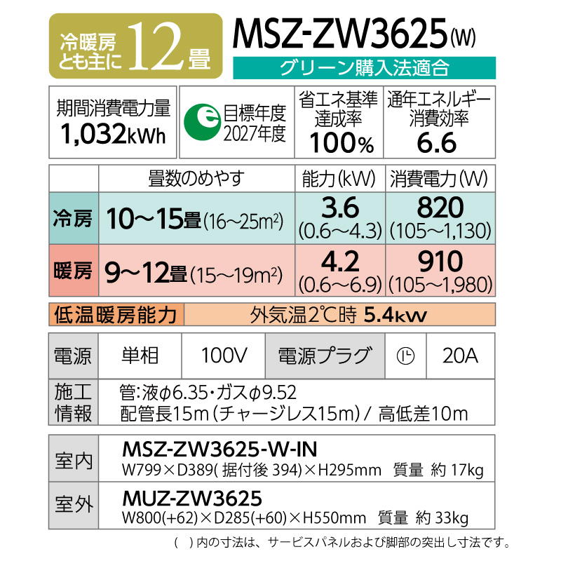 霧ヶ峰 三菱電機 ルームエアコン 主に 12畳用 MSZ-ZW3625-W 3.6kw Z 