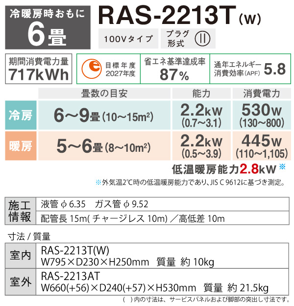 東芝 TOSHIBA ルームエアコン RAS-2213T(W) ホワイト 主に 6畳用 2.2kw Tシリーズ 標準取り付け工事費込み 単相100V RAS2213TW｜yuasa-p｜07