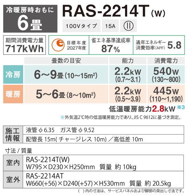 東芝 TOSHIBA ルームエアコン RAS-2214T(W) ホワイト 主に 6畳用 2.2kw Tシリーズ 取り付け工事費別です 単相100V  RAS2214TW