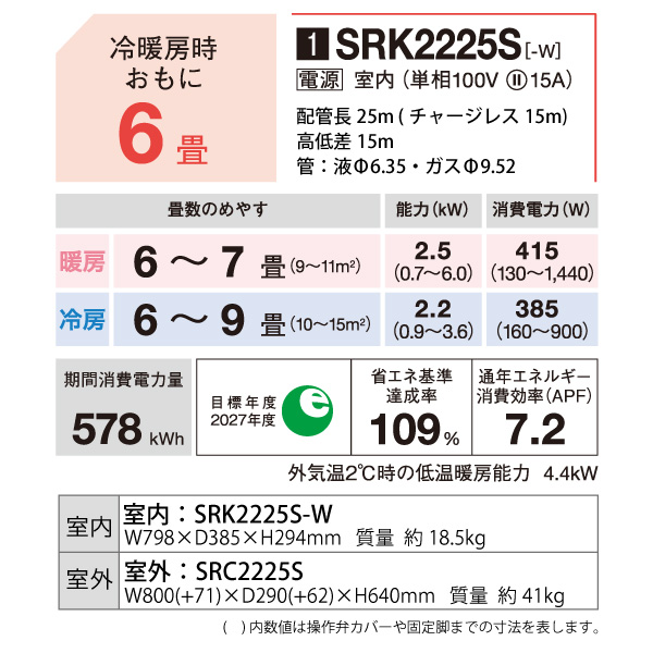 ビーバーエアコン 三菱重工 ルームエアコン 主に 6畳用 SRK2225S-W 2.2 