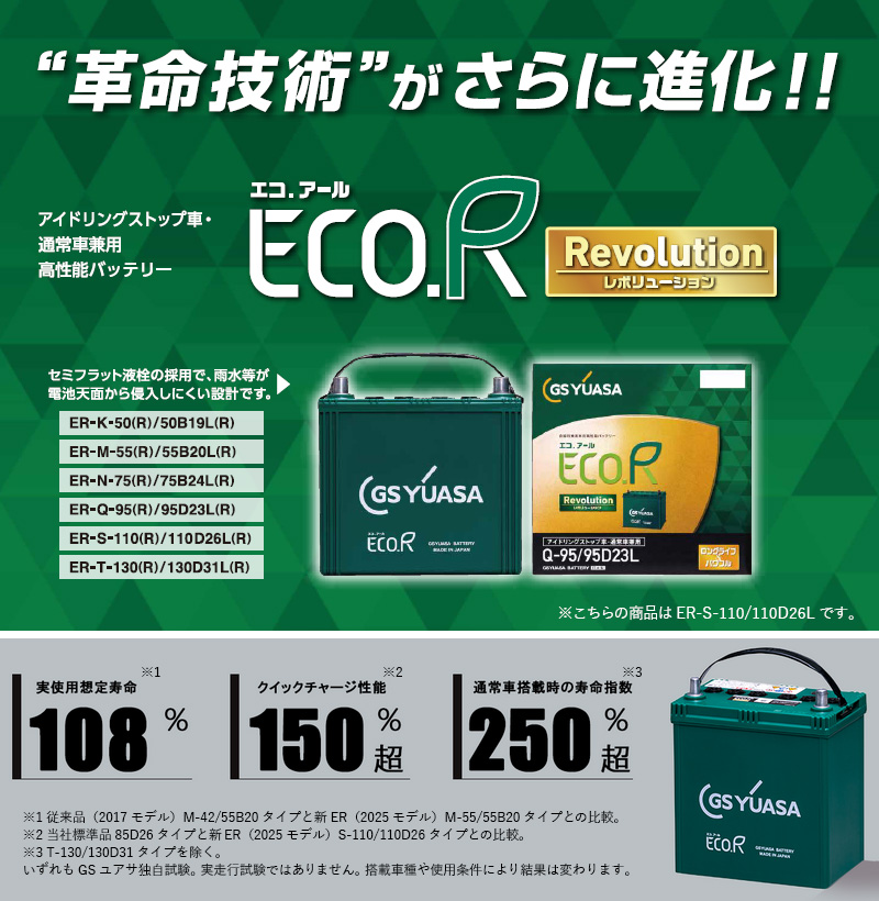 パーツ GS YUASA ECO.R Revolution S-110/110D 26L ECO.R GSユアサ 自動車用 バッテリー Revolution ER-S-110/110D26L-EA