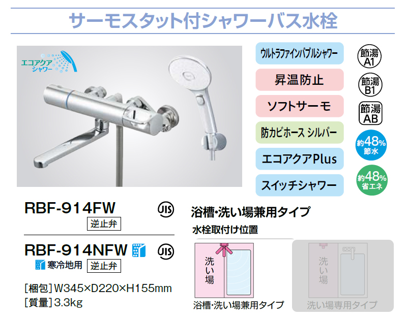 LIXIL サーモスタット付シャワーバス水栓 RBF-914FW/914NFW リクシル INAX イナックス エコアクアシャワー ウルトラファインバブル スイッチシャワー 節水_1