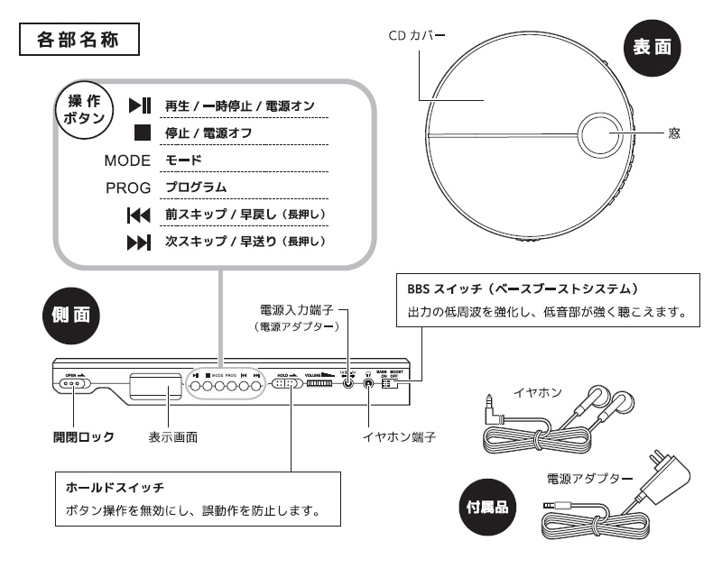 ベルソス 2電源対応 ポータブルCDプレーヤー VS-PCD01 コンパクト AC