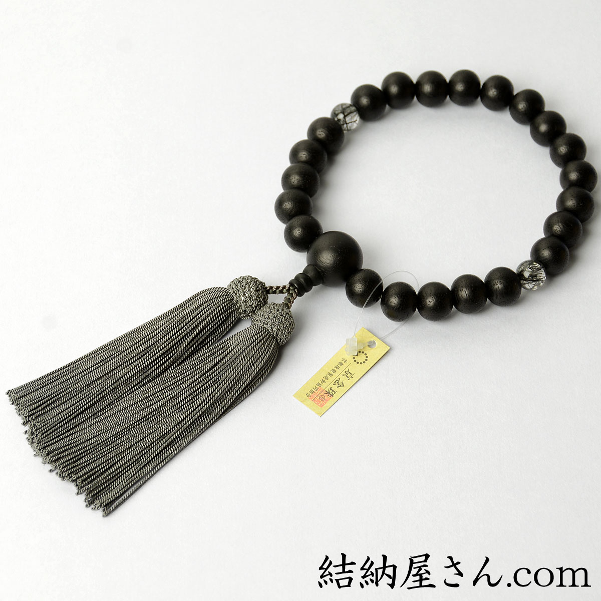 数珠 念珠 素挽黒檀 二天黒ルチルクォーツ仕立 正絹頭付房(桐箱 数珠 念珠 素挽黒檀 二天黒ルチルクォーツ仕立 正絹頭付房(桐箱