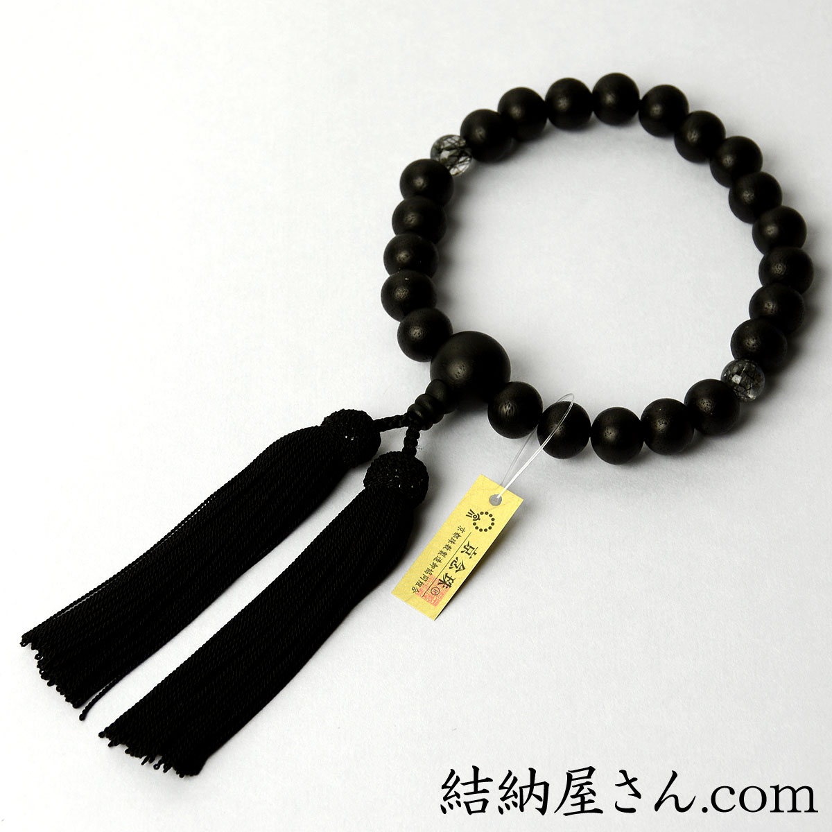 数珠 念珠 素挽黒檀 二天黒ルチルクォーツ仕立 正絹頭付房（桐箱付 