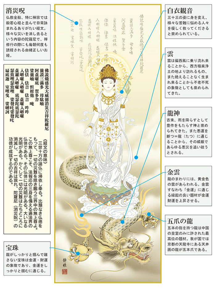 掛軸 (掛け軸) 消災龍上白衣観音 阿部静雅（尺五立・桐箱入り