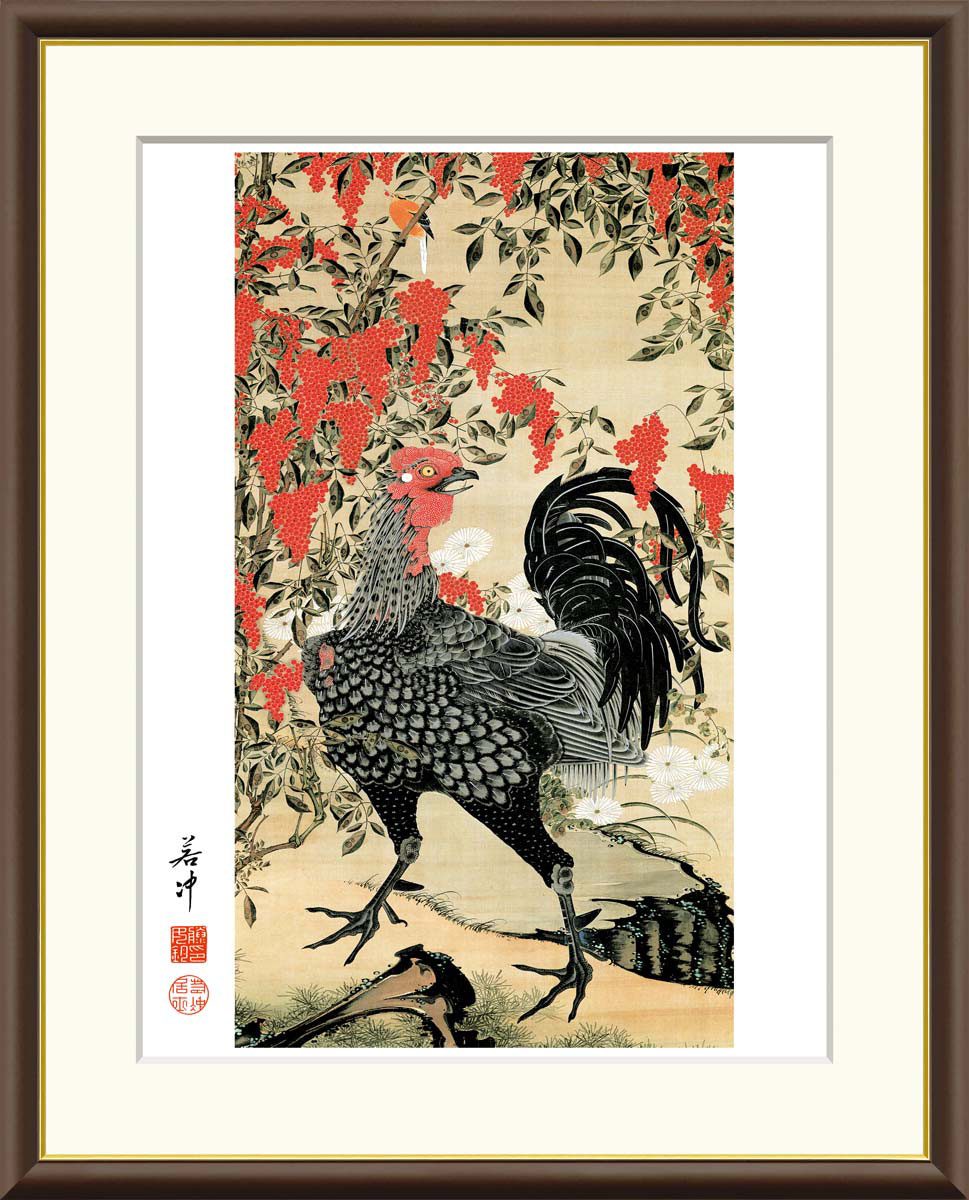 伊藤若冲 南天雄鶏図 （F4サイズ）（紐・フック付） 日本の名画 約縦42