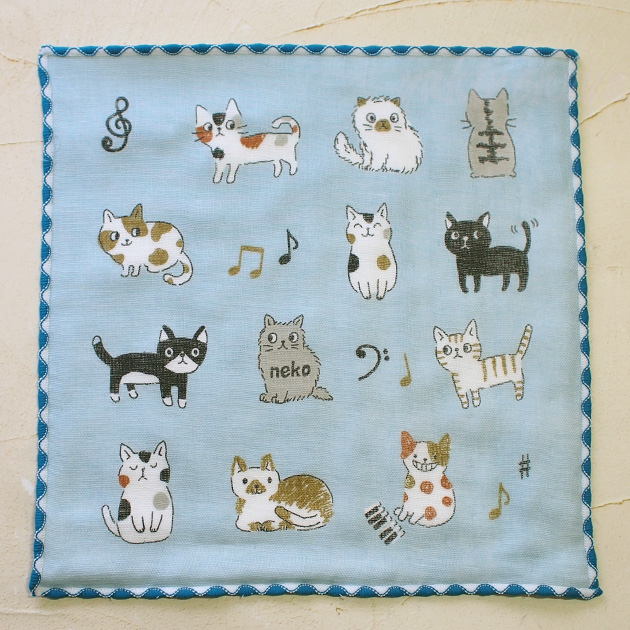 猫がいっぱい 6重ガーゼハンカチ ミニハンカチ 両面プリント 肉