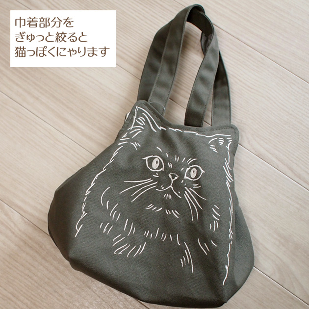 猫 フェイス刺繍トートショルダー 猫顔 猫耳ポケット 巾着