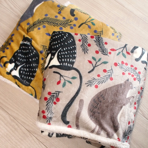 猫柄 ブランケット 裏ボア ふんわりあったかマイクロフランネル