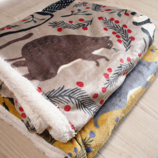 猫柄 ブランケット 裏ボア ふんわりあったかマイクロフランネル