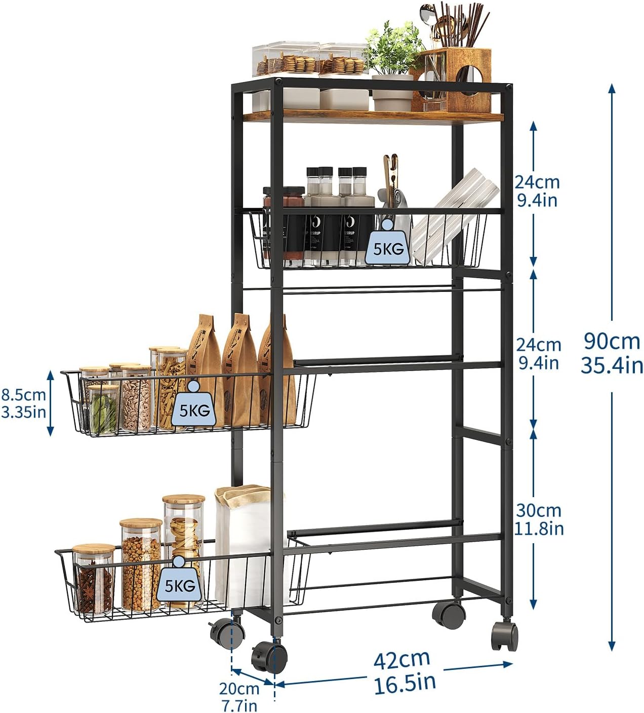 キッチンワゴン 隙間収納 4段 キャスター付き 高さ90cm 収納ラック