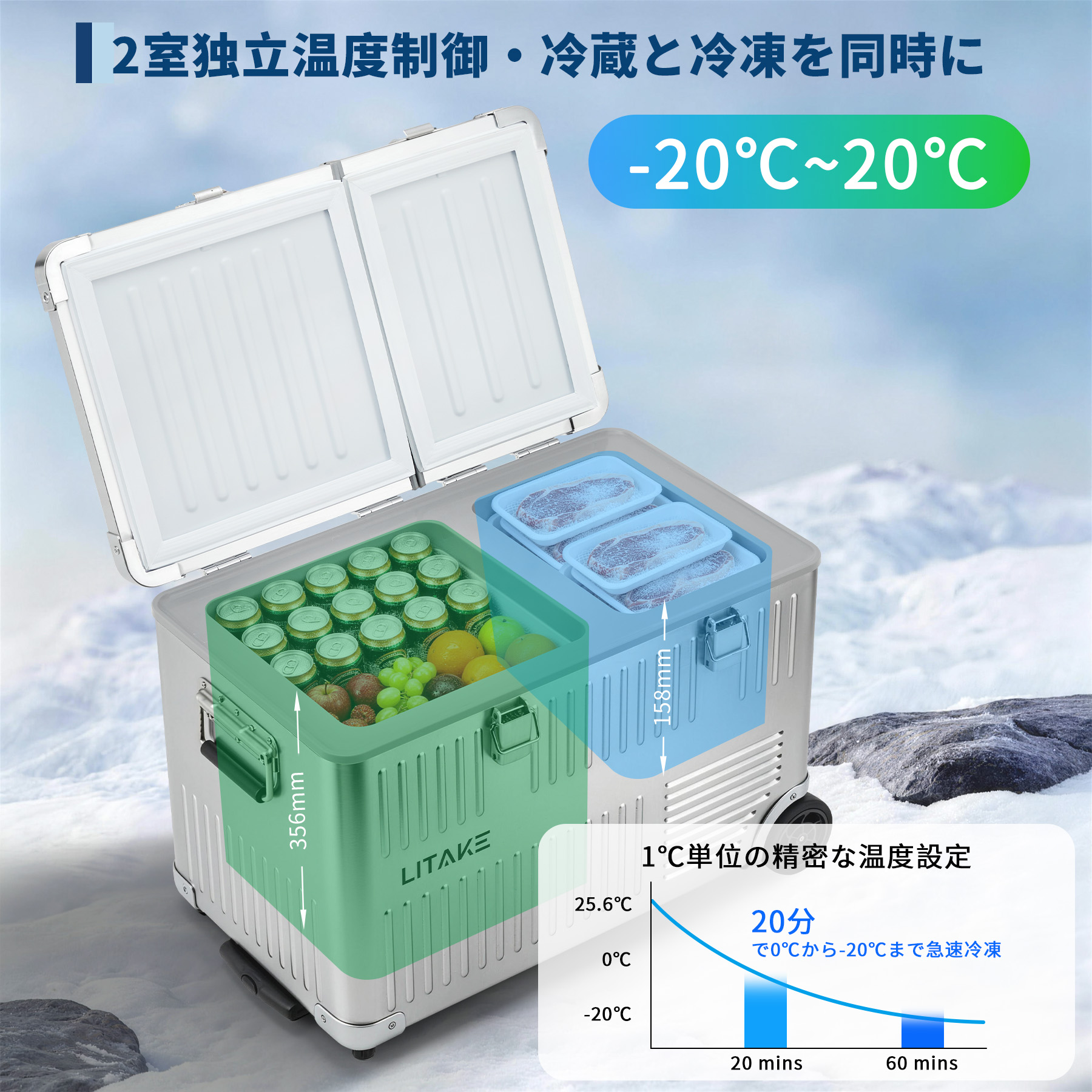 車載冷蔵庫 40L 2室 ポータブル冷蔵庫 -20℃〜20℃ バッテリー内蔵可能
