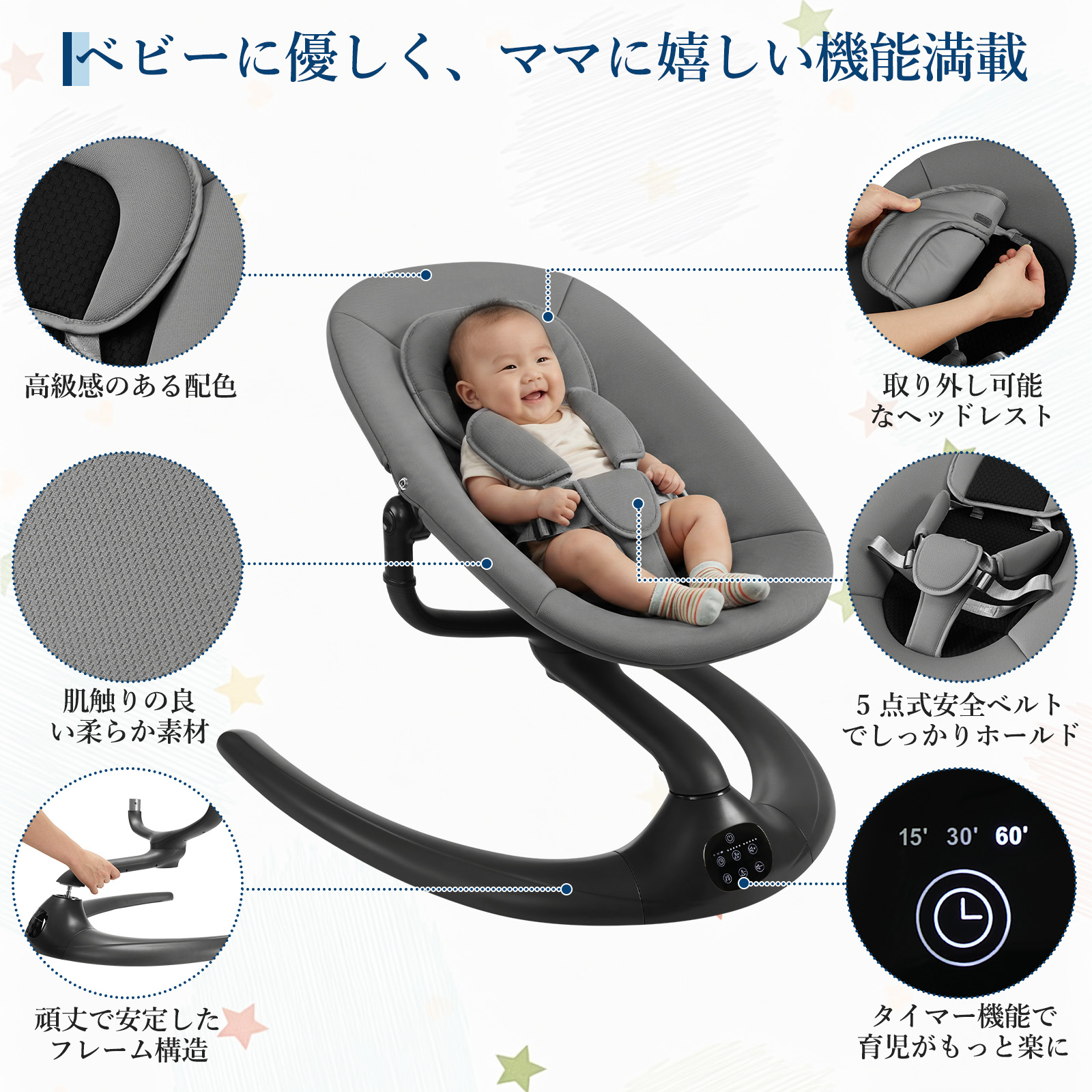 ベビーバウンサー 電動ベビースウィング スマー...の詳細画像5