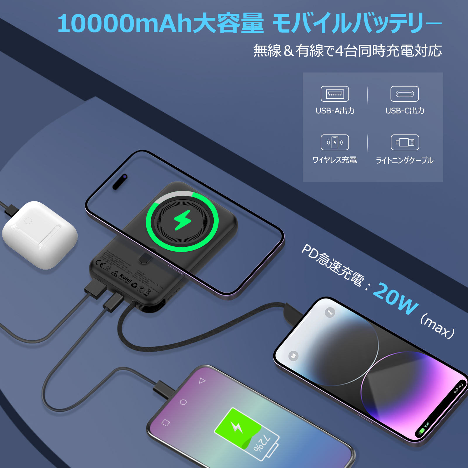 Euker モバイルバッテリー  iPhone 大容量 軽量 10000mAh 急速充電 20W スタンド付き 軽量 MagSafe対応 