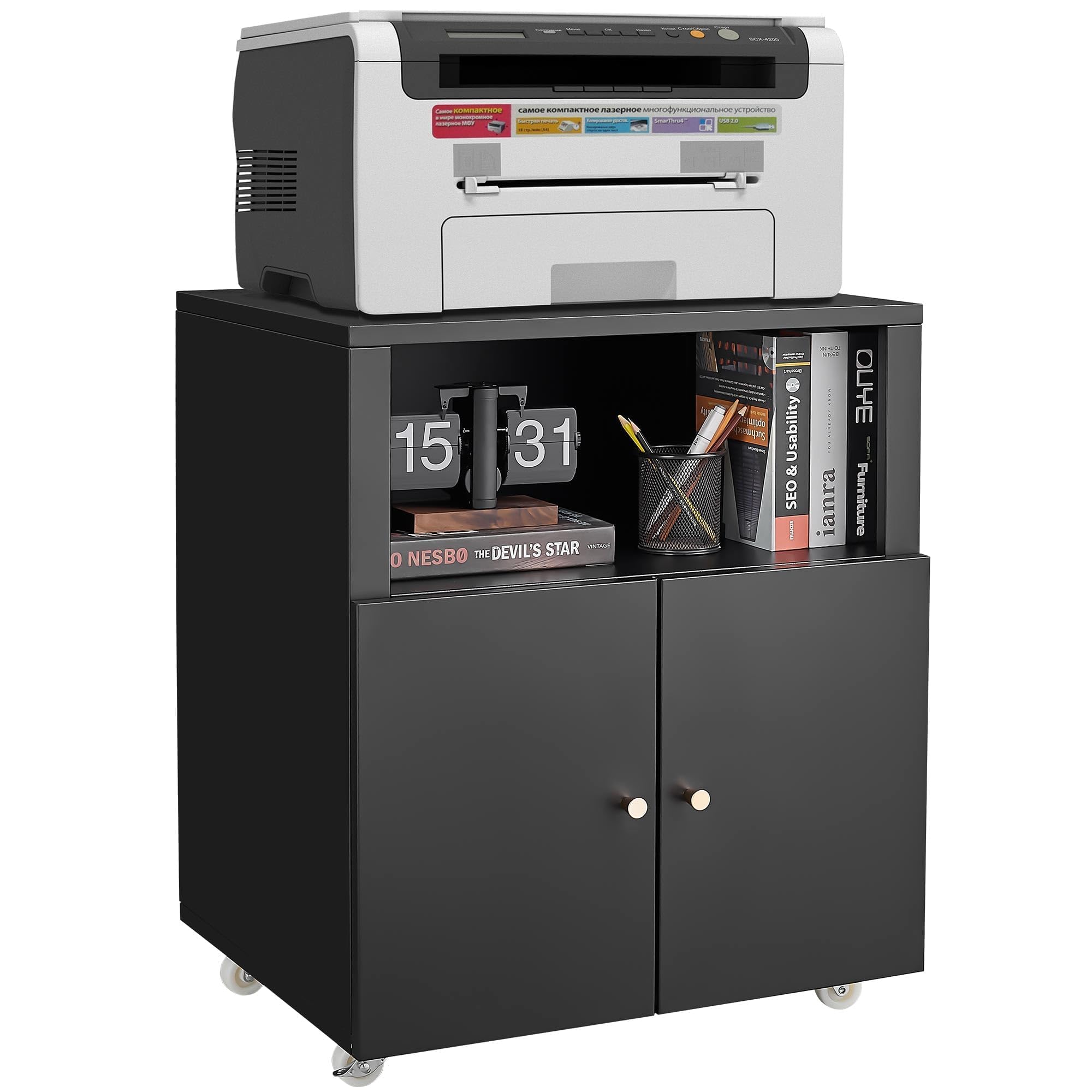 プリンター台 オープン棚付き 2ドア 収納キャビネット オフィス書類棚