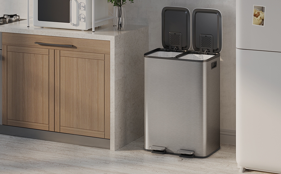ゴミ箱 ダストボックス 2x30L 蓋付き ペダル式 410ステンレス製 pp素材