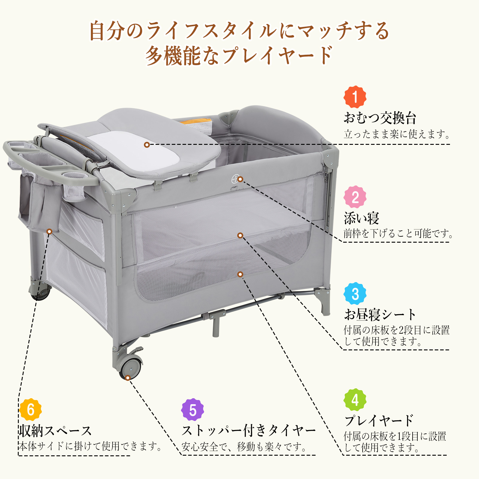 ベビーベッド プレイヤード 蚊帳付き 折りたたみ キャスター 揺りかご