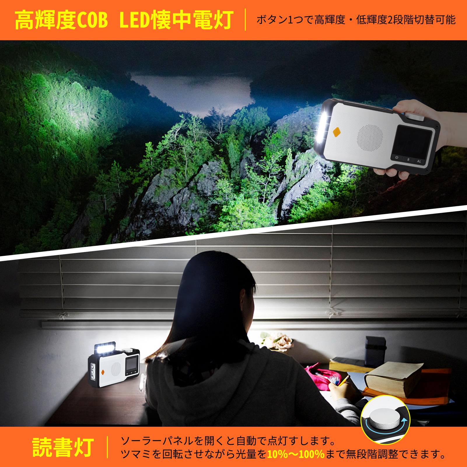 多機能防災ラジオ 大容量 自動選局 ポータブルラジオ LEDライト 懐中