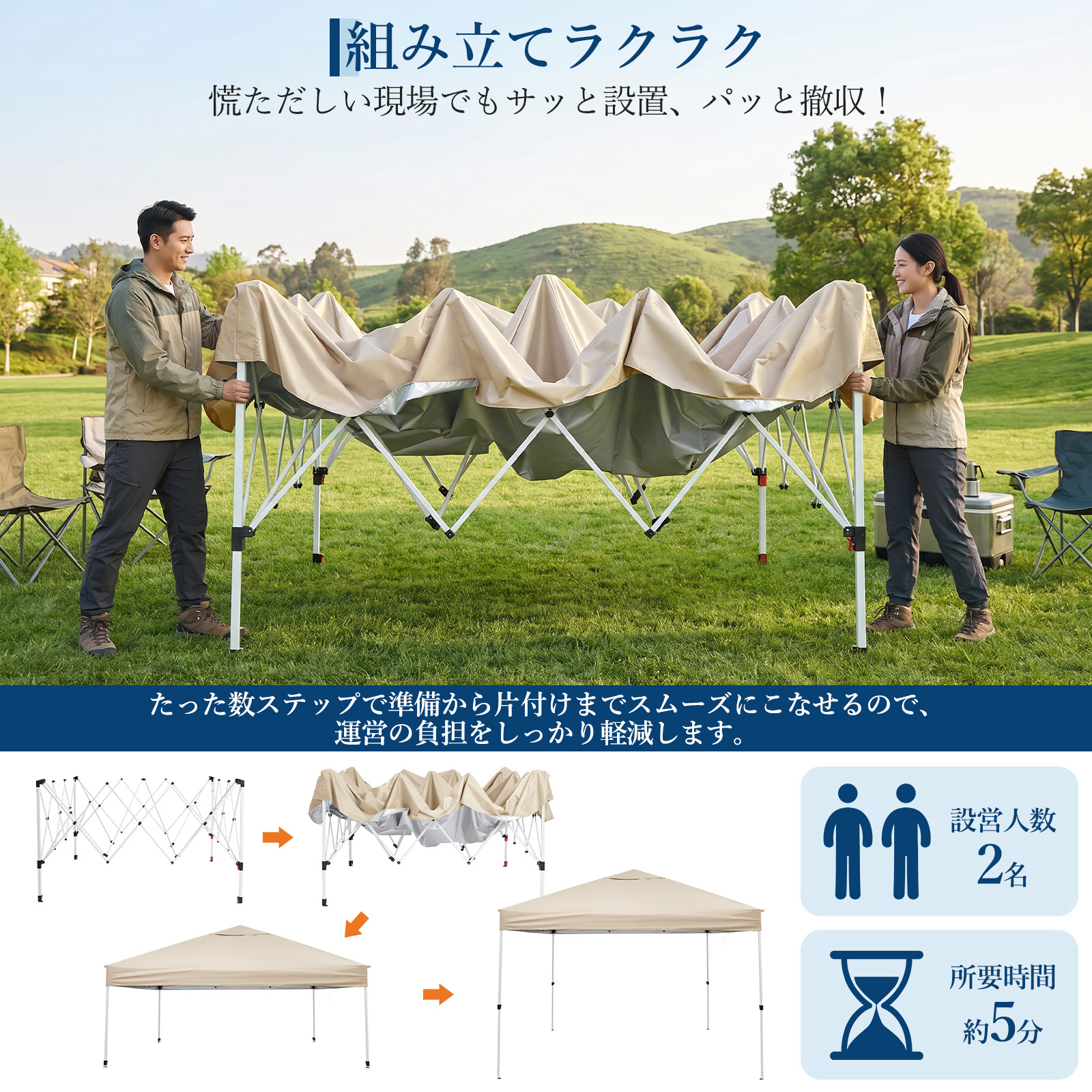 タープテント 3m ワンタッチ サイドシート付き 頑丈 スチール UVカット