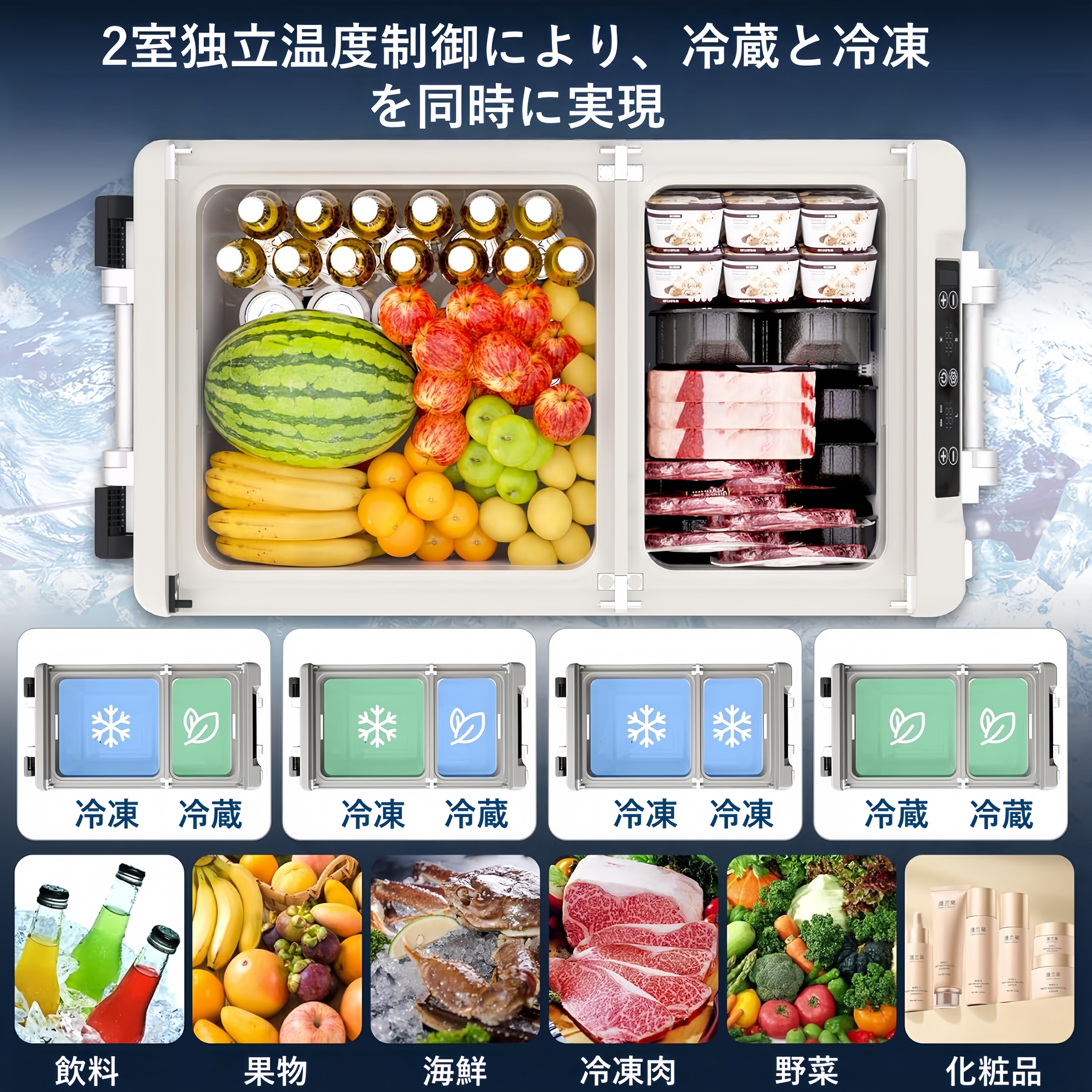車載冷蔵庫 58L コンプレッサー式 -20℃〜20℃ 急速冷凍 5Way電源対応