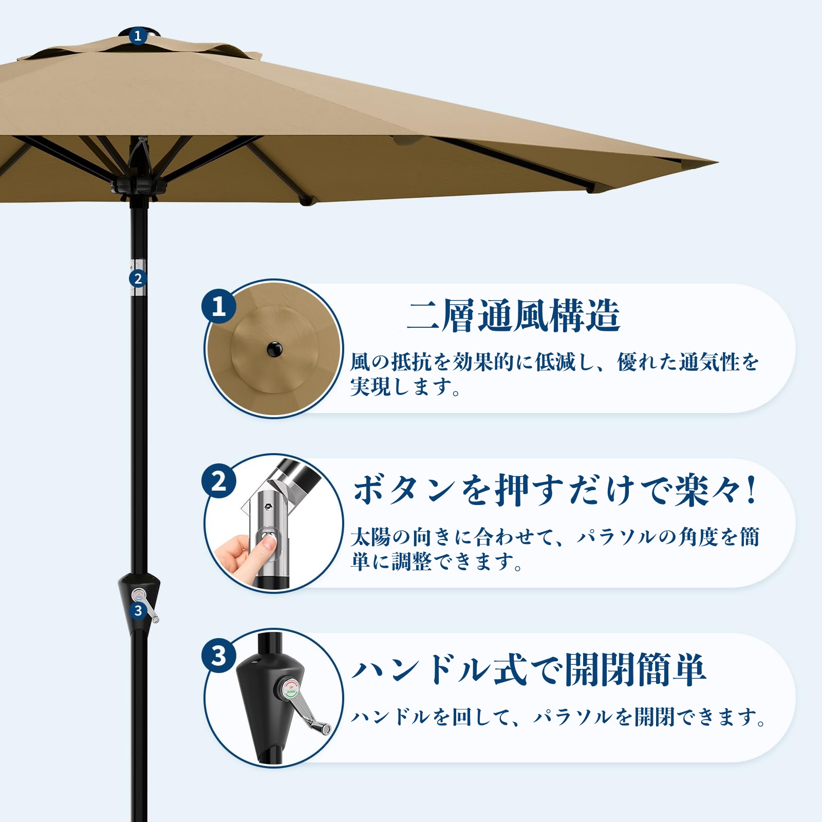 パラソル ガーデンパラソル 270cm 日よけ 撥水 UV加工 角度調節 庭傘 釣り傘 ビーチパラソル 日傘 アウトドア キャンプ 鉄製 関連画像1