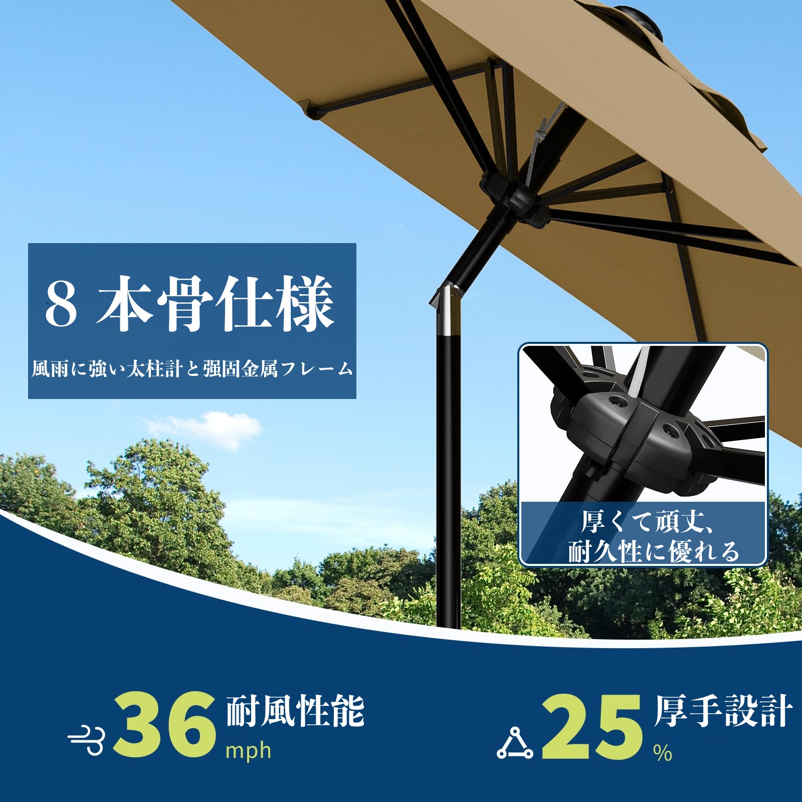 パラソル ガーデンパラソル 270cm 日よけ 撥水 UV加工 角度調節 庭傘 釣り傘 ビーチパラソル 日傘 アウトドア キャンプ 鉄製 関連画像4