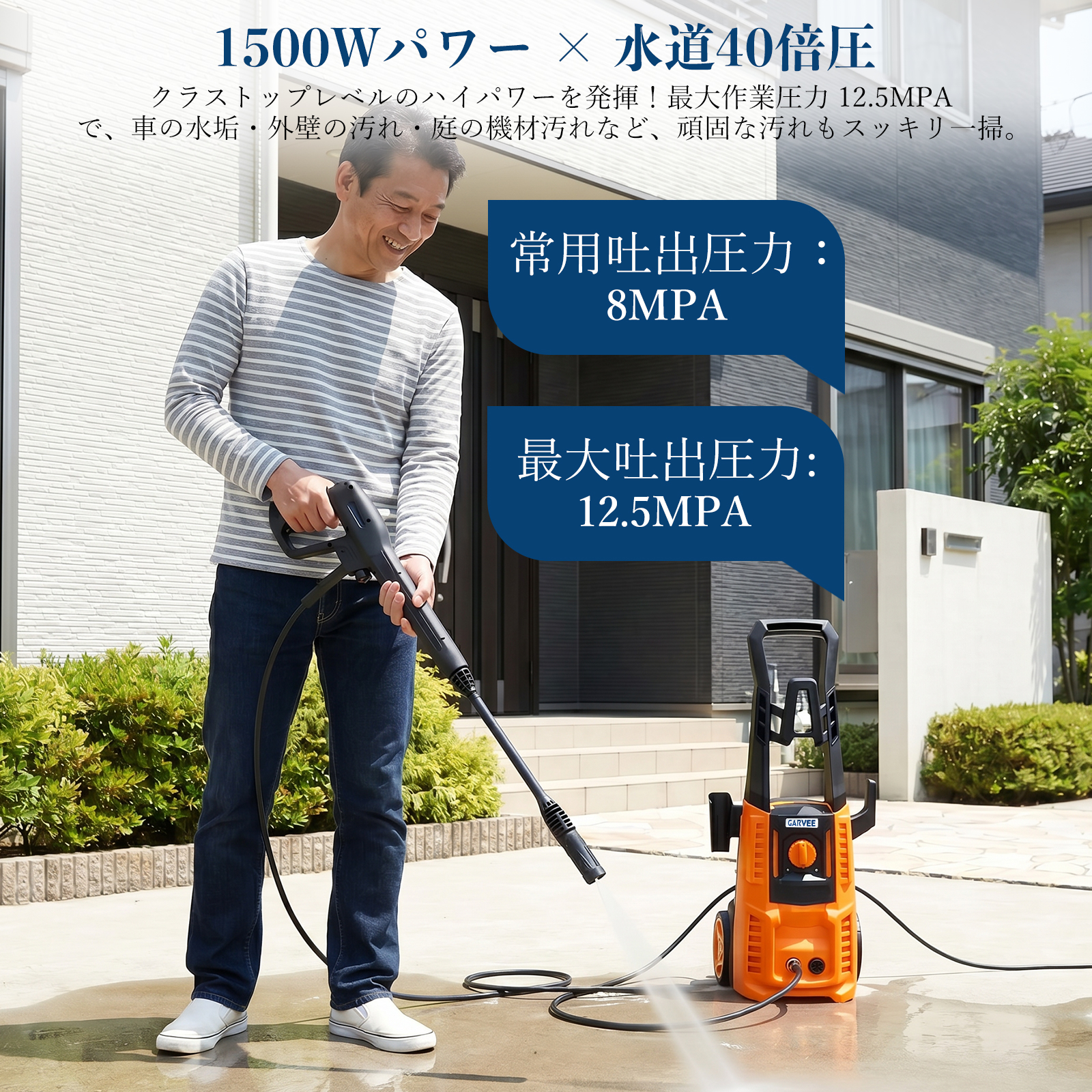 高圧洗浄機 1500W ハイパワー 最大12.5MPa 家庭用 洗車機 水道直結 8m