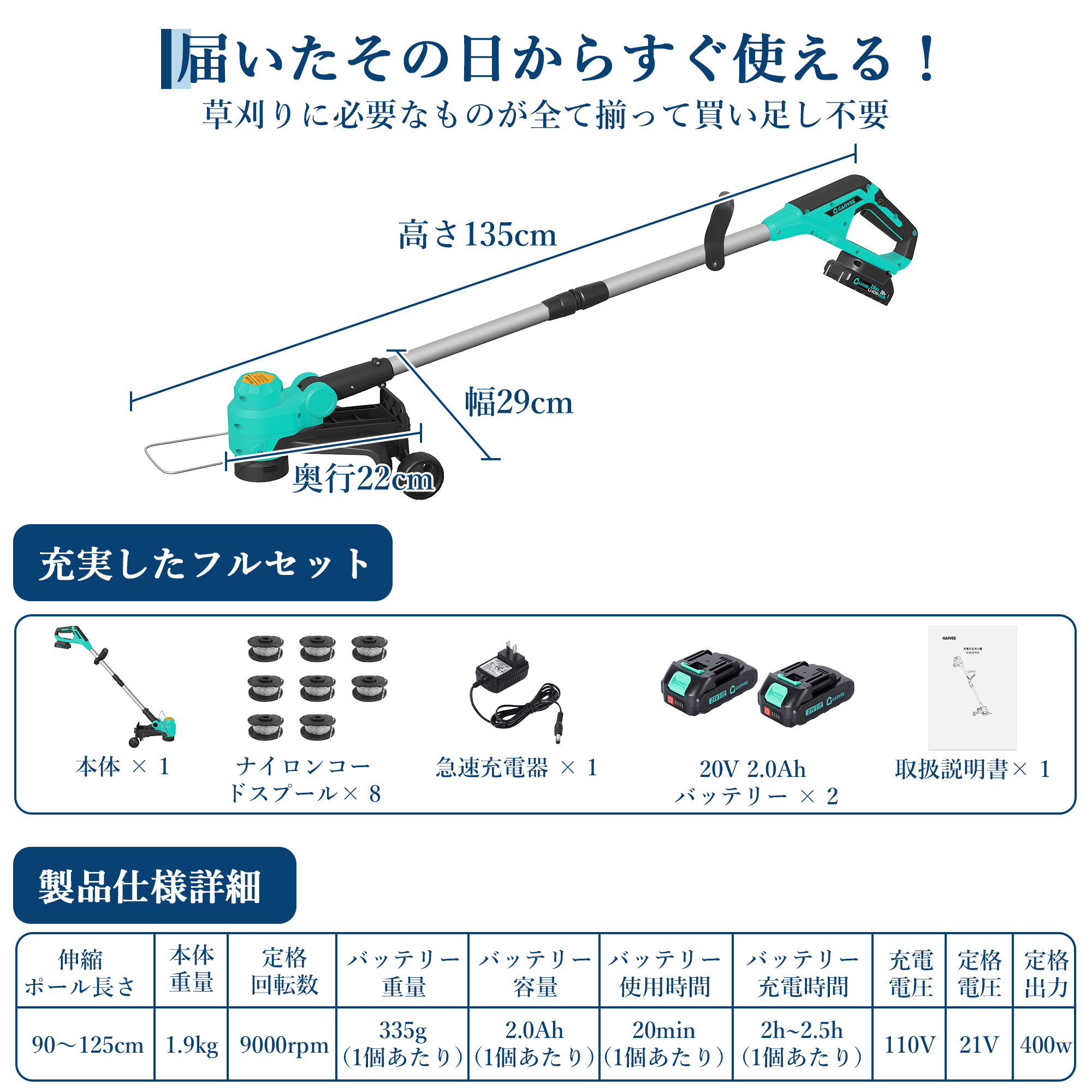バッテリー*2個付き 草刈り機 充電式 コードレス ナイロンコード