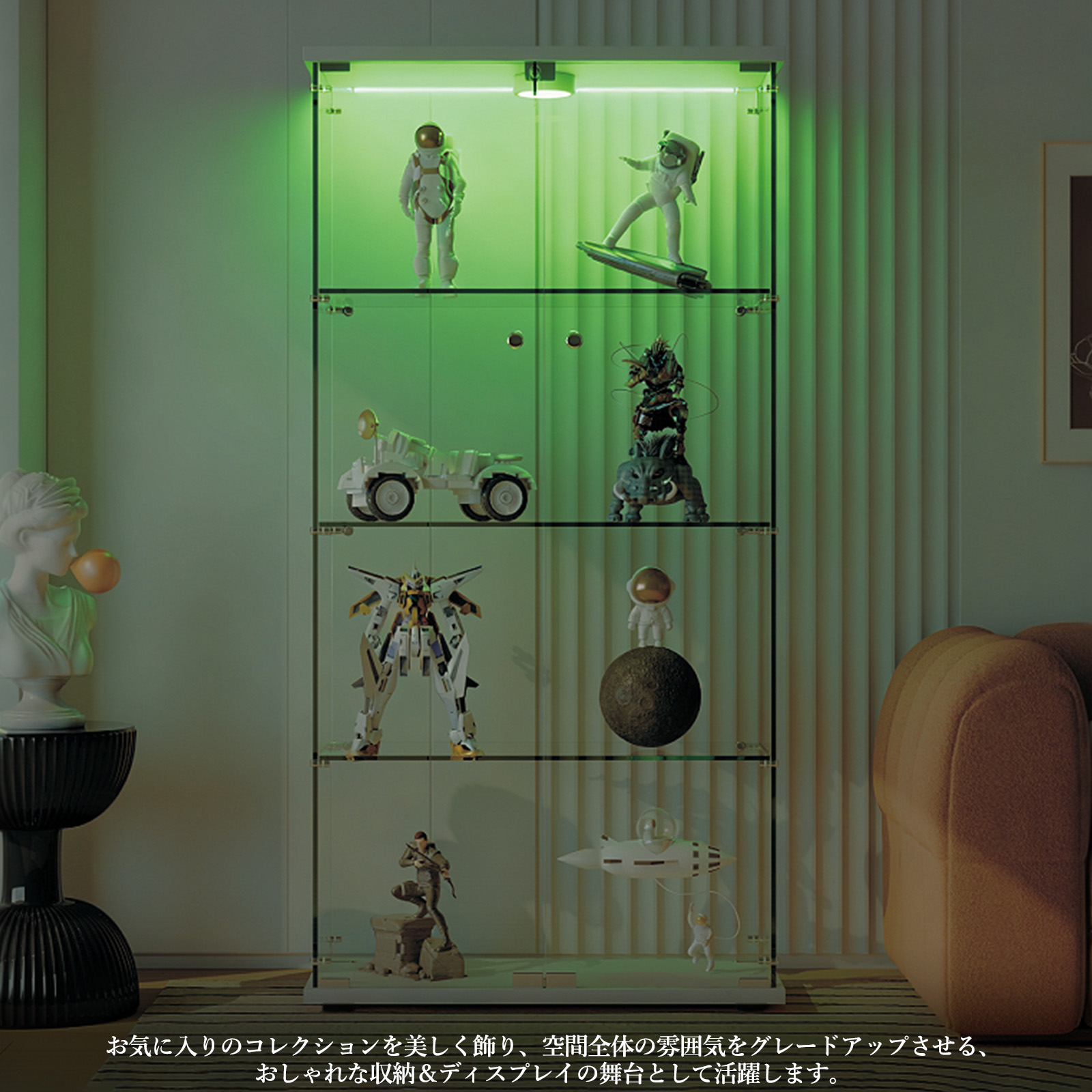 送料込み❗️　最新ガラスショーケース　ライト付き❗️ 鍵付き コレクションケース 4段 ガラス LEDライト付き 鍵付き コレクション