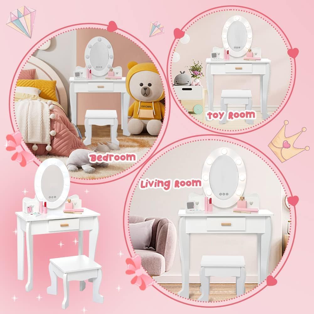 子供ドレッサー おままごとドレッサー 木製 椅子付き LEDライト 鏡台
