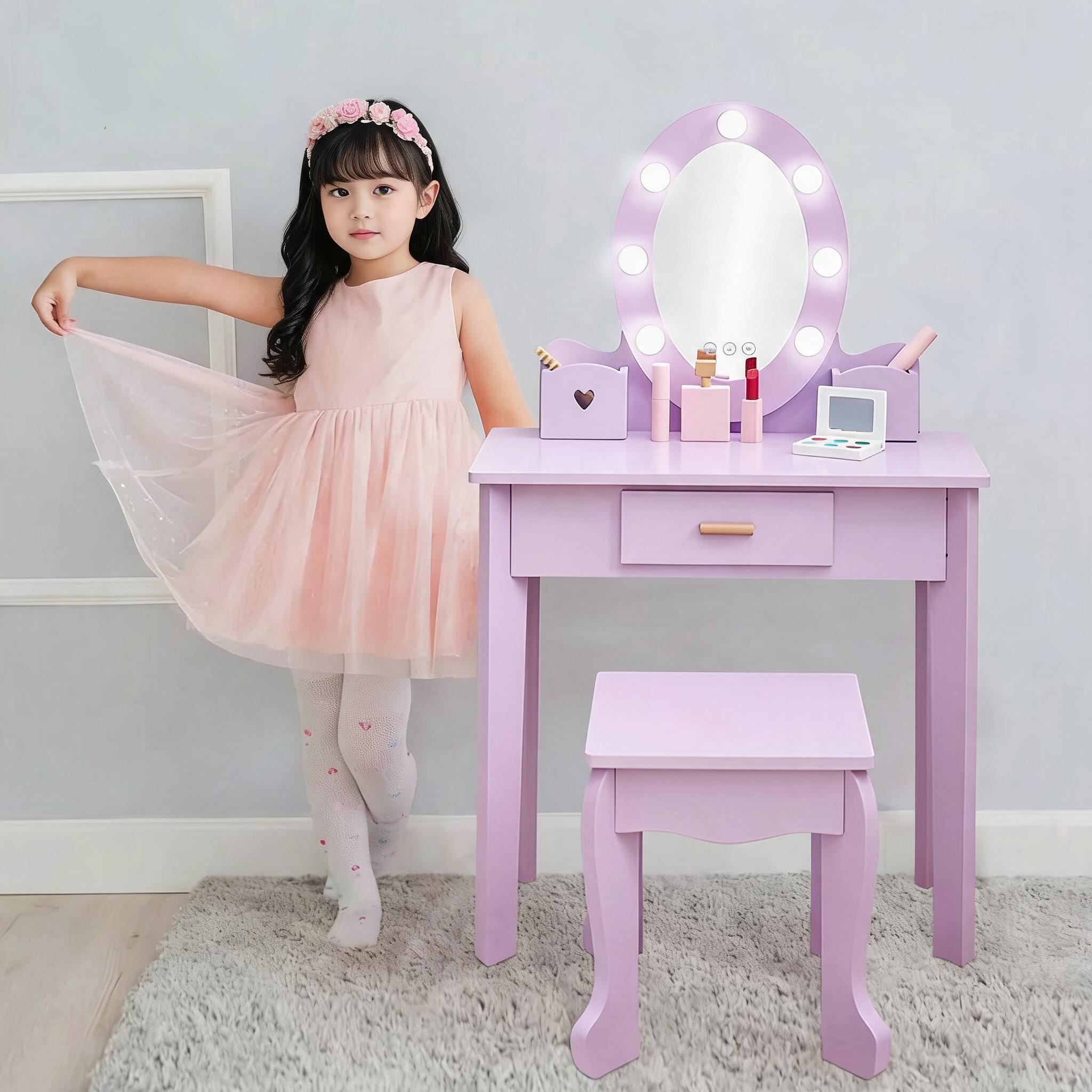 子供ドレッサー おままごとドレッサー 木製 椅子付き LEDライト 鏡台