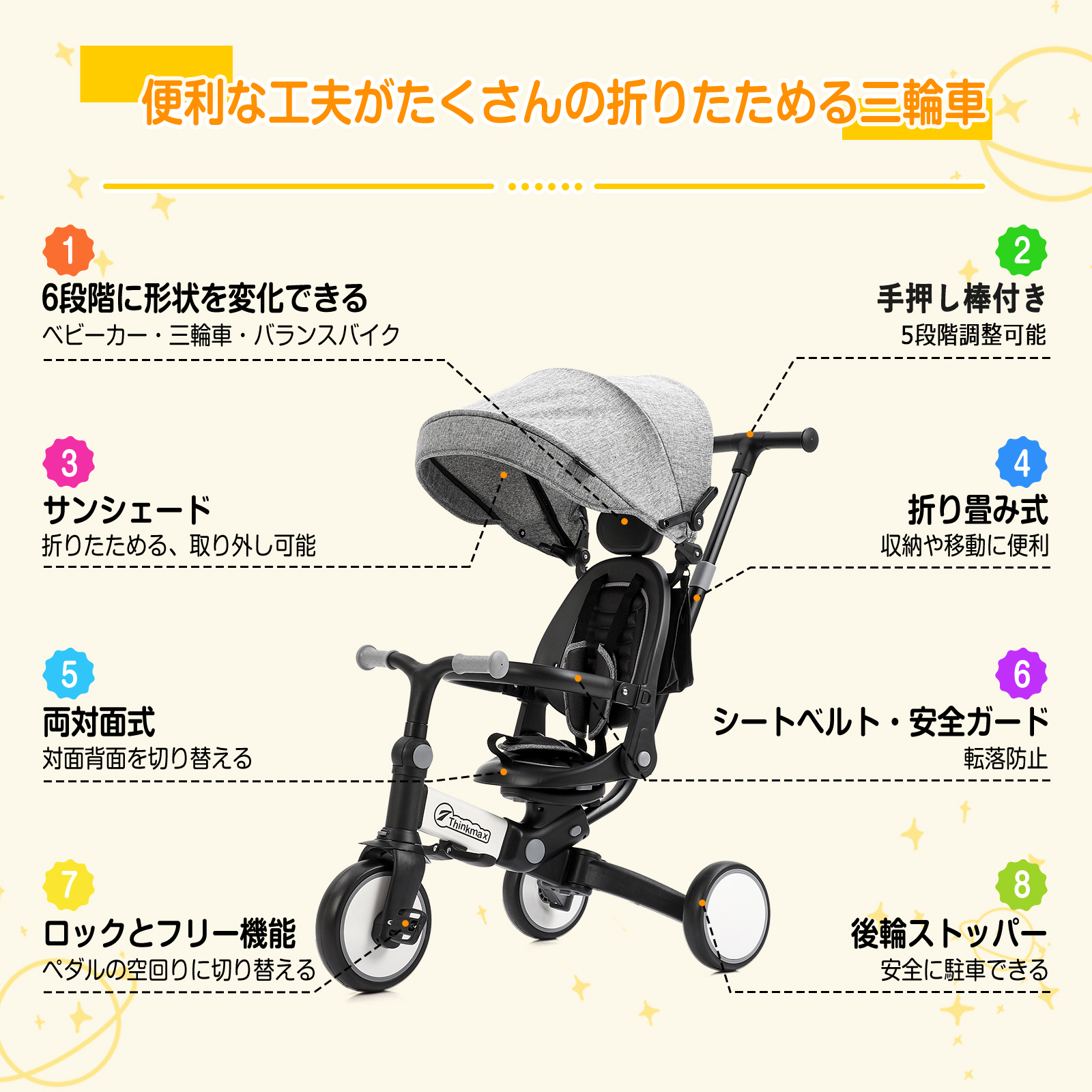 子供用 三輪車 折りたたみ 手押し棒付き 6in1 舵取り 乗用玩具 幼児用 こども 軽量 キッズバイク 1歳 2歳 3歳 4歳 5歳 6歳 プレゼント