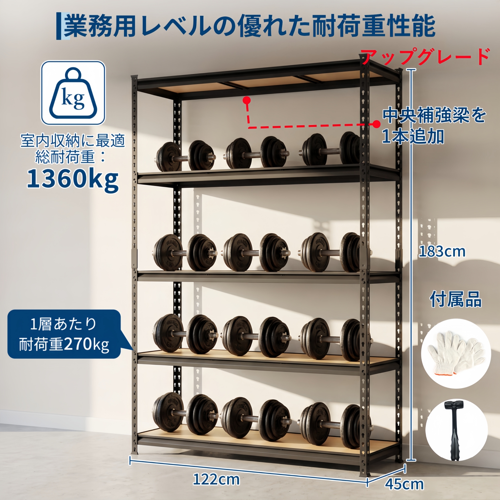 スチールラック 5段 メタルラック 耐荷重1360kg 高さ調節可能 組立簡単