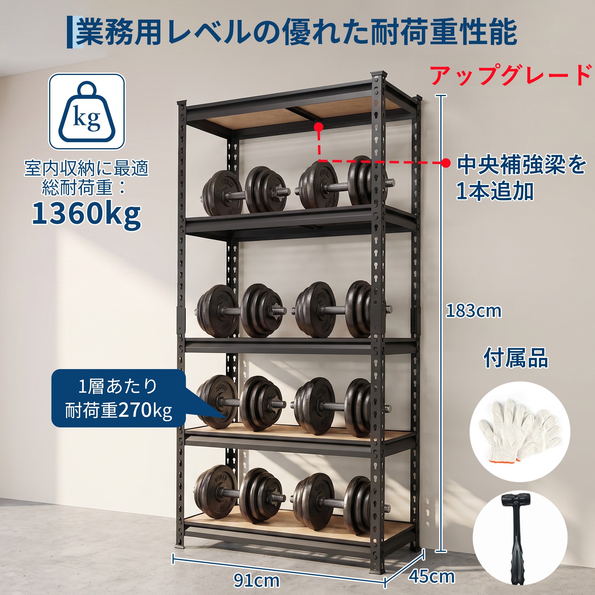 スチールラック 5段 メタルラック 耐荷重1360kg 高さ調節可能 組立簡単