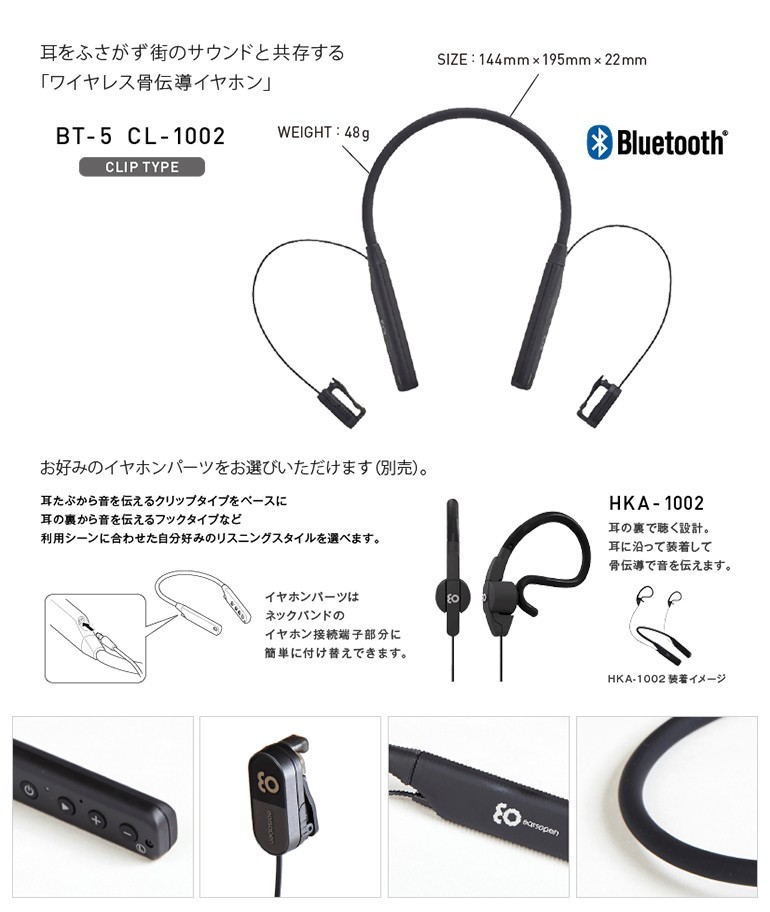 ワイヤレス骨伝導イヤホン クリップタイプ 送料無料 BT-5 CL-1002