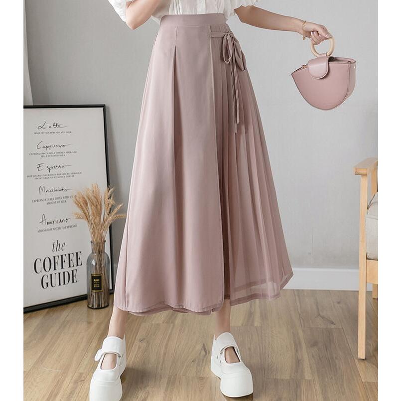 イッセイミヤケ プリーツ スカート付 ガウチョパンツ 体型カバー サイズFREE パンツ スカートみたいなパンツ ふんわり シフォン プリーツ