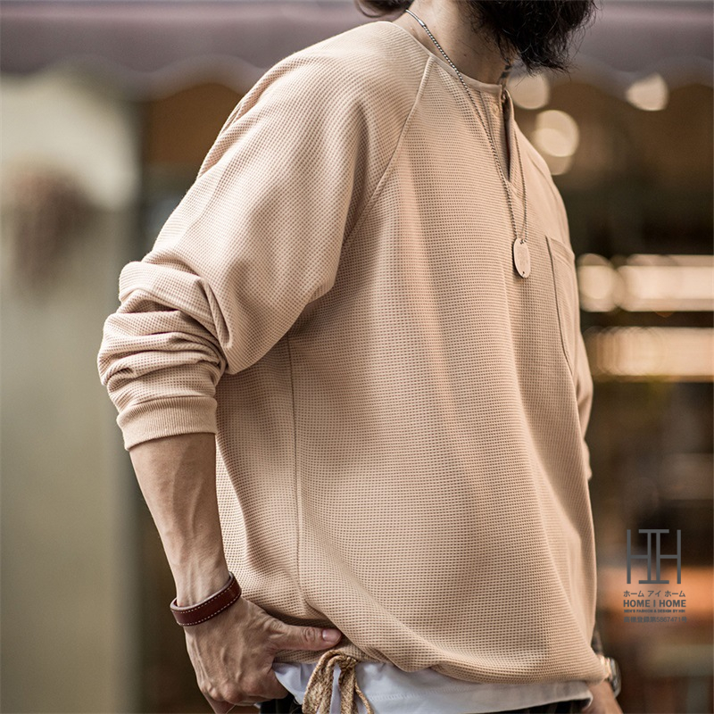 ヘンリーネックTシャツ メンズ 長袖 ロンT 無地 ポケット付き ワッフルtシャツ ストレッチ クルーネック 大きいサイズ カジュアル tシャツ おしゃれ カットソー ホームアイホーム ヘンリーネックTシャツ メンズ 長袖 ロンT 無地