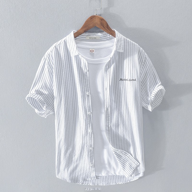 カジュアルシャツ ストライプ メンズ 半袖 前開き ワンポイント 英文字 ライトアウター 春 夏 Dcsrc214 夢価格 通販 Yahoo ショッピング