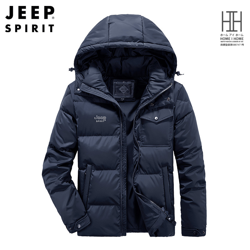 Jeep ダウンジャケット メンズ 80ダウン 軽量 ワンポイント 立ち襟 脱着式フード スタイリッシュ 防寒 アウトドア アウター 冬