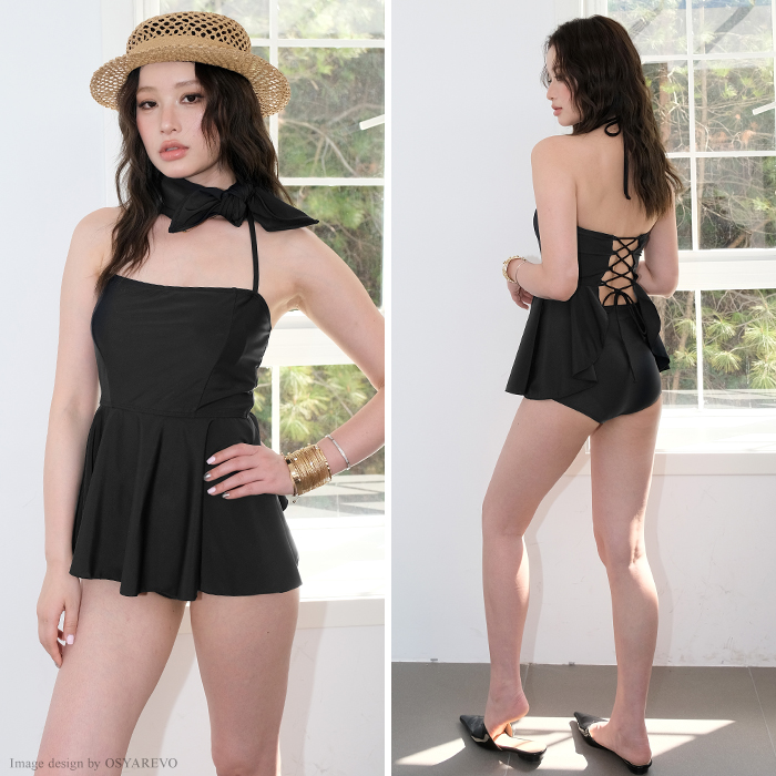 スカーフ付き ペプラム キャミソール 水着 セットアップ 体型カバー 3点セット